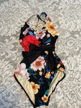 Black Floral One-Piece Swimsuit with Waist Tie